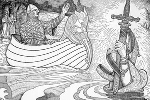 De Dame van het Meer geeft Koning Arthur het zwaard Excalibur
