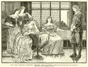 Het Prachtige Paleis, Discretie, Voorzichtigheid, Vroomheid en Liefdadigheid (gravure) door Louis John Rhead