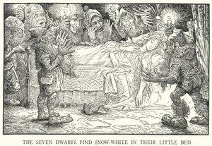 De zeven dwergen vinden Sneeuwwitje in hun kleine bed (litho)