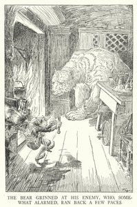 De beer grijnsde naar zijn vijand, die enigszins geschrokken een paar passen terugdeinsde (litho) door Louis John Rhead