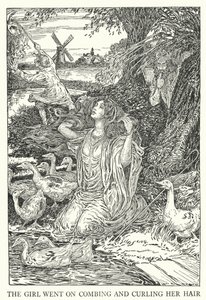 Het meisje ging door met het kammen en krullen van haar haar (litho) door Louis John Rhead