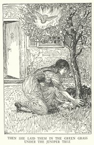 Toen legde ze hen in het groene gras onder de jeneverboom (litho) door Louis John Rhead