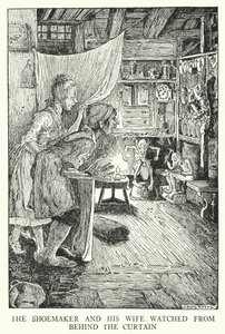 De schoenmaker en zijn vrouw keken vanachter het gordijn (litho)