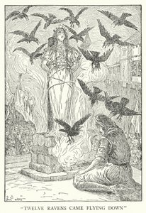 "Twaalf raven kwamen naar beneden vliegen" (litho) door Louis John Rhead