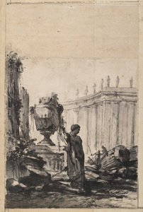 Architecturale fantasie met vaas, herm en zuilengalerij