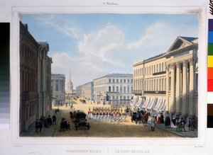 De Politiebrug in Sint-Petersburg, uitzicht op de Nevsky Prospekt vanaf het Stroganov Paleis door Louis Jules Arnout