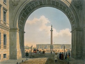 Paleisplein, Uitzicht vanaf de Boog van het Legerhoofdkwartier, St. Petersburg, gedrukt door Lemercier, Parijs, 1840s