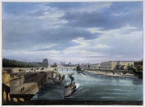 Pont du Carrousel et bateau steam - in Paris en 1837 door Louis Jules Arnout