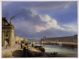 Pont du Carrousel et de la grande galerie du Louvre - in Paris en 1837 door Louis Jules Arnout