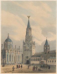 De Spasskaya Toren Verlosser Poorten en Sint-Catharina Kerk van het Hemelvaartklooster in het Kremlin van Moskou