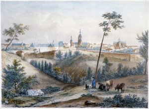 Bouvier op het Bretonse platteland (Dinan in de verte) - lithografie door Jacottet en Benoist