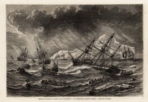 Kabeljauw vissen op de Grand Bank van Newfoundland, de boten volgen de lijnen, tekening door Lebreton, om de reis naar Newfoundland in 1860 door A. de Gobineau te illustreren. Gravure in 