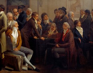 Bijeenkomst van kunstenaars in het atelier van de schilder Jean Baptiste Isabey door Louis Leopold Boilly