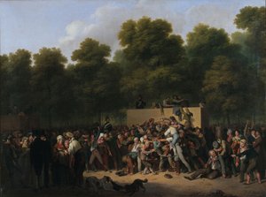 Verdeling van wijn en voedsel op de Champs-Elysées ter gelegenheid van de koning...