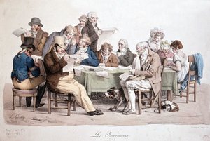 Mannen die kranten lezen - gravure van Louis Boilly getiteld 