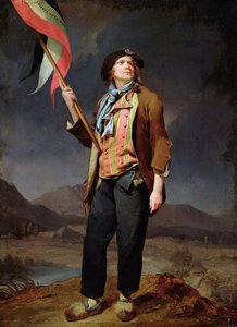 Portret van zanger Simon Chenard in sans-culotte kostuum met vlag op het feest van de vrijheid van Savoye, 14 oktober 1792 door Louis Leopold Boilly