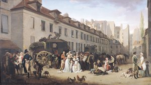 De aankomst van een postkoets bij de terminus, rue Notre-Dame-des-Victoires, Parijs