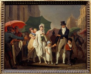 De Bourgeois in Parijse Premier Empire mode beschermt zich tegen de regen. Schilderij door Louis leopold Boilly (1761-1845) 19e eeuw door Louis Leopold Boilly