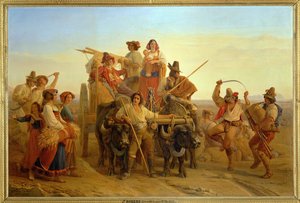 De aankomst van de oogstmachines in de moerassen van Pontins ... door Louis Leopold Robert