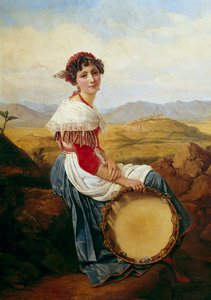 Portret van een boer uit het platteland van Rome Een jonge Italiaanse muzikant met een tamboerijn door Louis Leopold Robert
