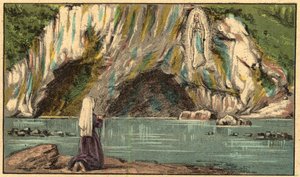 De Verschijning van de Maagd Maria in Lourdes - De Maagd verschijnt aan Bernadette Soubirous (1844-1879) in Lourdes in 1858 - - Gravure uit "Religieus onderwijs door de ogen. Wonderbaarlijk Album" door Louis Maitrejean en Georget Ramond - Frankrijk 1910