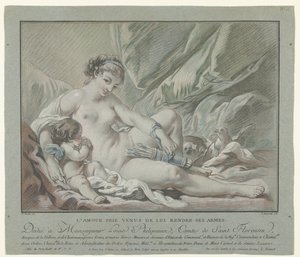 Cupido smeekt Venus zijn pijlen terug te geven