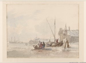 Strandgezicht met vissers bij een boot op de voorgrond