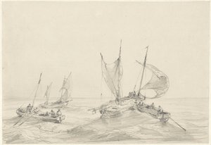 Zee met vissersschepen door Louis Meijer
