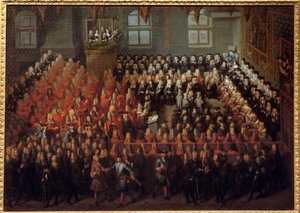 Bed van Justitie gehouden door Lodewijk XV (1710-1774) in de Grote Kamer van het Parlement van Parijs om de wil van Lodewijk XIV (1638-1715) te breken