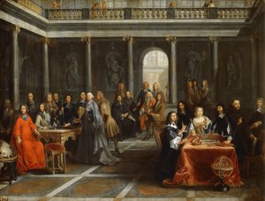 Koningin Christina van Zweden, omringd door haar hof door Louis Michel Dumesnil the Younger