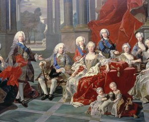 De familie van Filips V van Spanje (1683-1746) detail met de koning, zijn tweede vrouw Elizabeth Farnese en de toekomstige Ferdinand VI