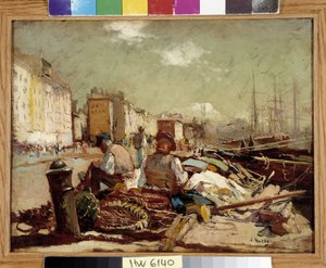 Vissers die de netten repareren. Schilderij van Louis Nattero