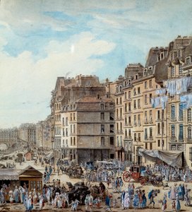 Maritiem leven op de dokken van de haven in Parijs in 1782. Peniches en commerciële activiteiten op de Seine. Detail. Tekening door Louis de Lespinasse (1782) Parijs, Musee Carnavalet door Louis Nicolas de Lespinasse