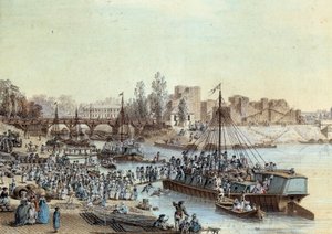 Schip met passagiers die aankomen bij de kade door Louis Nicolas de Lespinasse