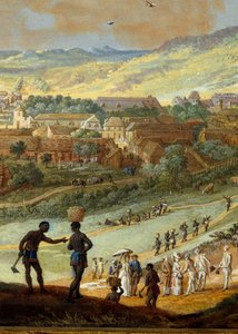 Detail: Zicht op de stad Kaap Frans (Kaap van de Republiek) gezien vanaf de heuvel in Santo Domingo door Louis Nicolas van Blarenberghe