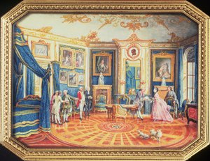 Deksel van een snuifdoos gemaakt door Louis Roucel met een kamer in winterinrichting in het Hotel de Choiseul door Louis Nicolas van Blarenberghe