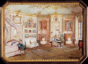 Deksel van een tabaksdoos met miniatuurschildering van een kamer onder Lodewijk XV. Rond 1770. Parijs, Louvre door Louis Nicolas van Blarenberghe