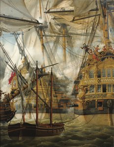HMS Cumberland vecht tegen de Le Lys en La Gloire, 1827 door Louis Philippe Crepin