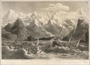1786 gravure van een scheepswrak van twee kleine boten die deel uitmaakten van de La Perouse Expeditie door Louis Philippe Crepin