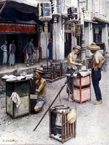 Mobiele restaurants in Chinatown van Singapore. Illustratie door L. Sabatier. 19e eeuw. door Louis Remy Sabattier