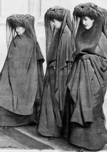 De prinsessen Louise, Stephanie en Clementine van Saksen Coburg in rouw bij de begrafenis van hun vader koning Leopold II van België in december 1909. Illustratie door Louis Remy Sabattier
