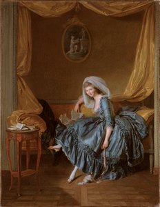 Jonge vrouw leest haar correspondentie in de slaapkamer door Louis Rolland Trinquesse