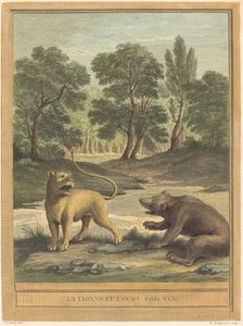 De leeuwin en de beer door Louis Simon Lempereur after Jean Baptiste Oudry