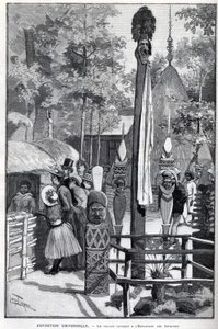 Exposition Universelle 1889 - Het Canaque-dorp op de Esplanade des Invalides (de Canaques tentoongesteld tijdens de tentoonstelling: Zoo Humane). Tekening door Louis Tinayre (1861-1942) - in 