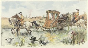 Een vrouw in een door paarden getrokken koets die door een rivier reist door Louis Vallet