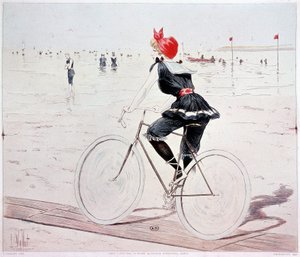 Vrouw op een fiets op het strand - tekening door L. Vallet