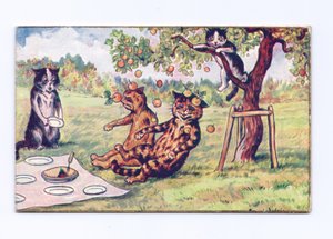 Victoriaanse wenskaart van appels die op twee katten vallen tijdens een picknick, ca. 1880 door Louis Wain