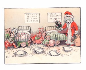 Victoriaanse wenskaart van kittens die bang zijn voor een kat verkleed als Kerstman, ca. 1880 door Louis Wain