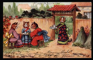 Dieren in menselijke houding. Kat in kimono drinkt thee in een Japanse tuin. Ansichtkaart. Chromolithografie van Louis Wain (1860-1939), Engelse kunstenaar bekend om zijn weergave van katten met grote ogen. Begin 20e eeuw. Collectie pr