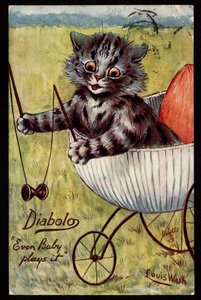 Diabolo. Zelfs een baby speelt ermee. Dieren in menselijke houding. Kitten speelt met een diabolo in zijn wieg. Ansichtkaart. Chromolithografie van Louis Wain (1860-1939), Engelse kunstenaar bekend om zijn weergave van katten met grote ogen. Begin 20e eeuw door Louis Wain